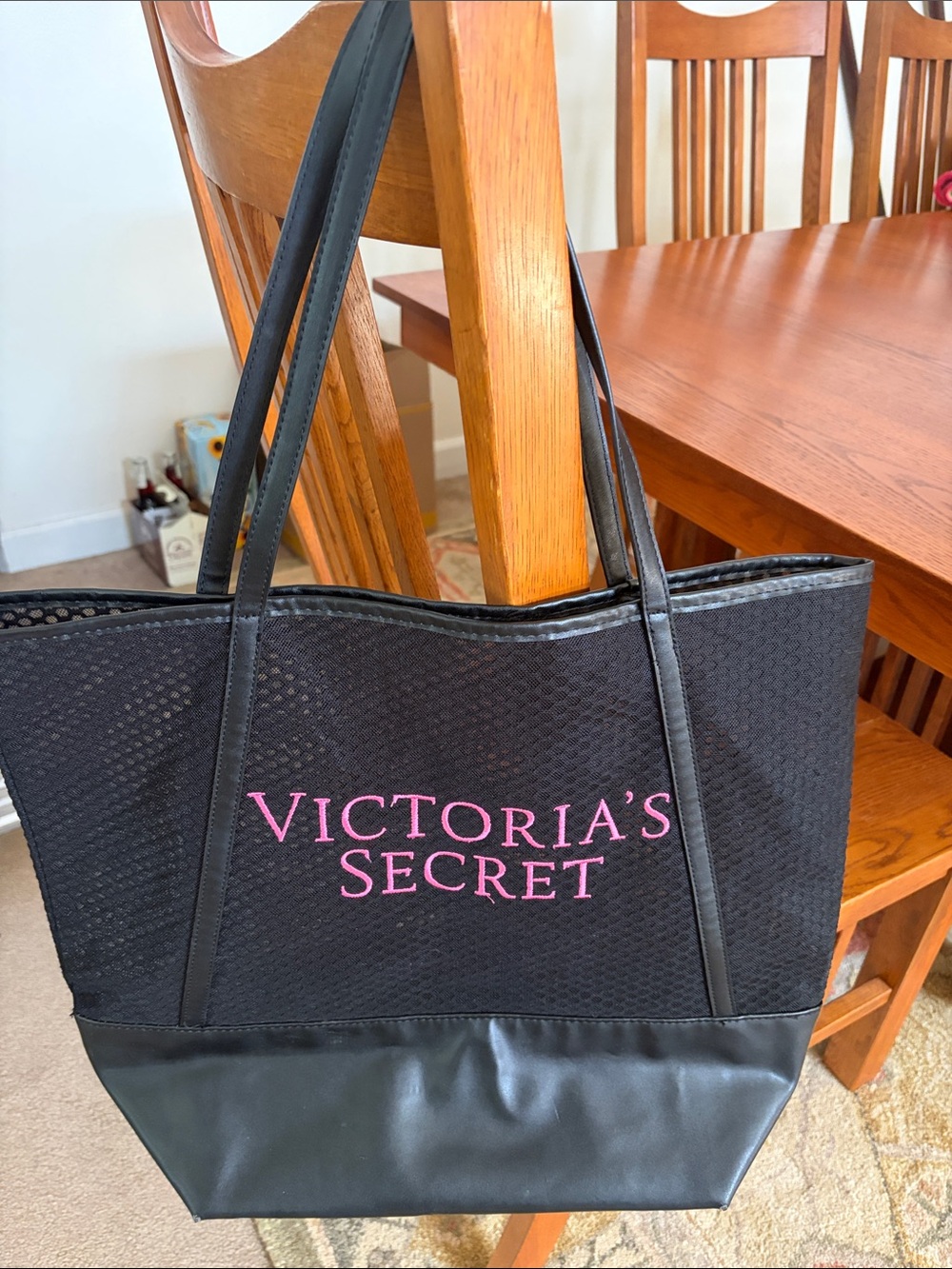 Victoria's Secret Black Tote with Pink Logo Embroidery